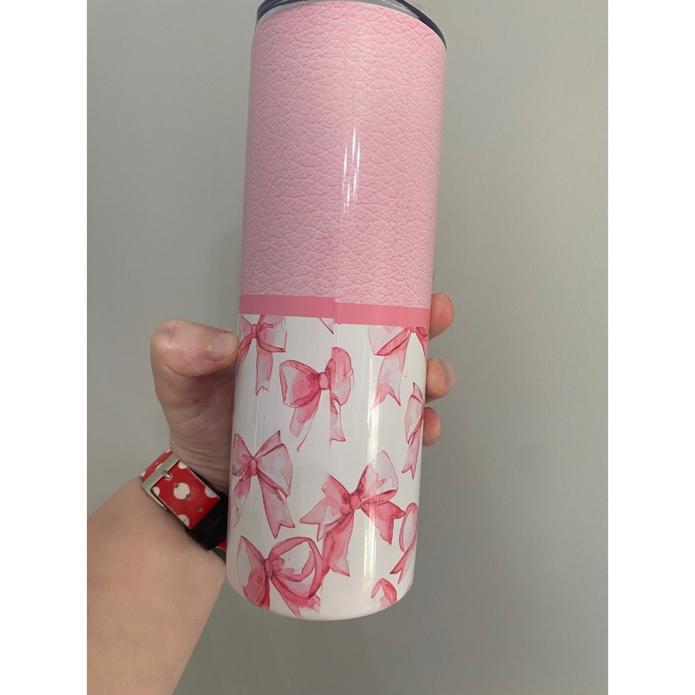 Skinny Tumbler Women 20oz Pink White Coquette Watercolor Bows Faux Leather Print - Picture 4 of 8
